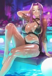 1girl 1girls accurate_art_style ai_generated arm_support bare_legs barefoot bikini black_bikini black_swimsuit blurry_background breasts cleavage clothing craft_essence_(fate) criss-cross_halter fate/stay_night fate_(series) feet female female_only foot_out_of_frame forehead hair_intakes halterneck hand_in_own_hair knee_up large_breasts legs long_hair looking_at_viewer medusa_(fate) medusa_(rider)_(fate) navel night outdoors palm_tree parted_bangs parted_lips png pool poolside purple_eyes purple_hair see-through shiny_skin side-tie_bikini_bottom sidelocks sitting smile soaking_feet solo stickyai swimsuit thighs toes tree very_long_hair water wet