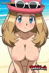 1girl ai_generated beach blonde_hair blue_eyes blush breasts brown_hair closed_mouth clothing collarbone copyright_name day eyelashes eyewear_on_head eyewear_on_headwear female female_only hat large_breasts lenmmon light_brown_hair long_hair looking_at_viewer mr_momo navel nintendo nipples nude nudist ocean out-of-frame_censoring outdoors pink_headwear pokefuck pokemon sand serena_(pokemon) solo standing sunglasses v_arms water white-framed_eyewear