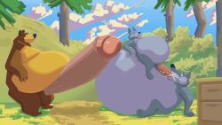 absurd_res anthro bear big_penis canid canine canis genitals group hi_res inflation male male/male mammal penis tresnumeritos trio wolf
