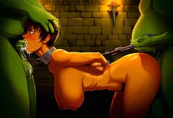 ai_generated berserk big_breasts captured casca chain_leash chained cum_in_mouth defeated_heroine dungeon female oral orc side_view spitroast