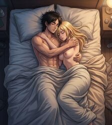after_sex ai_assisted ai_generated areolae asleep attack_on_titan awww bare_belly bed bedroom belly_button blonde_hair breasts breasts_out closed_eyes couple couple_(romantic) covered_up dark_brown_hair digital_art dimly_lit edited_ai embracing embracing_each_other eren_jaeger fanon_couple female glass historia_reiss im_whoop implied_after_sex inpainted lamp late_night light-skinned_female light_skin lucky_bastard male muscular muscular_male naked naked_couple naked_female naked_female_with_naked_male naked_male navel night nightstand nipples no_visible_genitalia nude shingeki_no_kyojin sleeping_after_sex sleeping_together vase wooden_bedframe wrapped_in_blanket wrapped_up