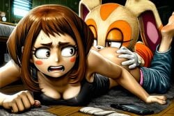 ai_generated anthro ass_eating barefoot clevage clothes cream_the_rabbit crossover face_in_ass my_hero_academia ochaco_uraraka ochako_uraraka panicked_look panicking panties_down pants_down sonic_(series) sonic_the_hedgehog_(series) uraraka_ochaco uraraka_ochako