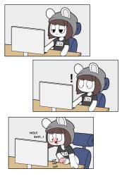 anthro beanie black_clothing black_shirt black_topwear blush blush_lines brown_hair chair chinchilla chinchillid clothing comic computer dialogue electronics exclamation_point furniture genitals glans grey_beanie grey_clothing grey_hat grey_headwear hair hat headgear headwear hi_res male mammal masturbation office_chair penis rodent shirt solo table text tony_(tonytoran) tonytoran topwear