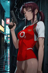 ai_generated arsenal black_lagoon bottomless brown_eyes brown_hair cigarette female female_only gunner holding_gun holding_weapon long_hair looking_at_viewer nekom14 nipples_visible_through_clothing no_panties no_pants ponytail pussy raining revy_(black_lagoon) smoking soccer_jersey tattoo tattoo_on_arm tattoo_on_neck wet wet_clothes