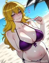 1female 1girl 1girls 2026 absurdres aesthetic ahoge ai_generated anime anime_style arm_behind_back artist_name bare_shoulders beach beautiful beautiful_female beautiful_girl big_ass big_belly big_breasts bikini blonde_hair blue_sky blurred_background blurry blurry_background blush blush_lines blushing blushing_female breasts bubble_ass bubble_butt cleavage collarbone cowboy_shot curvy curvy_body curvy_female curvy_figure curvy_hips curvy_thighs cute cute_face day digital_art digital_painting dutch_angle excited excited_expression excited_female excited_for_sex female female_only front-tie_top grin hair_between_eyes half-closed_eyes hand_on_own_stomach hand_up hands_on_own_stomach high_quality highres holding horny horny_expression horny_face horny_female huge_breasts large_ass large_breasts line_art long_hair looking_at_viewer makeup navel notice_lines ocean outdoors palm_tree parted_lips patreon patreon_link patreon_logo patreon_username popsicle_stick pregnancy_test pregnant purple_bikini purple_eyes rissuai rooster_teeth rwby sand sexy sexy_body sexy_female sexy_pose shiny_skin shore side-tie_bikini_bottom sky smile soft_shading solo solo_focus standing stomach swimsuit teeth thick tree viz_media water wavy_hair web_address yang_xiao_long
