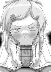 1boy 1girl :>= absurdres bandaid bandaid_on_face bandaid_on_nose bar_censor blush censored commentary_request deux_murasame erection fellatio flat_chest freckles furrowed_brow greyscale gundam gundam_gquuuuuux hair_ornament hairclip hetero highres huge_cock kaiman_garupan looking_at_viewer monochrome nipples oral penis pov short_hair sidelocks steaming_body sweat updo white_background