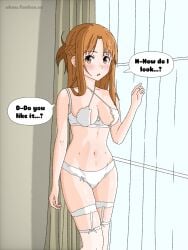 yuuki_asuna sword_art_online breasts big_breasts lingerie lingerie_only thighs thighhighs pretty_face pretty_girl shy orange_hair orange_eyes 1girl dialogue dialogue_bubble pose blush blushing provocative provocative_clothing ubau belly belly_button