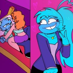 1boy 2girls abused_male bedroom bedroom_scene big_ass biting_own_lip blue_skin blushing cyan_skin hearts_around_head horny_female kiss_mark kiss_marks oc ocs office_clothing original_character original_characters redhead_female roze_stacey spying stalker vlue_lake vlues_key zky_cyan