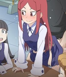 1boy 3girls blush clothed_sex little_witch_academia multiple_girls red_hair sarah_bernhardt school_uniform solo_focus tomu_(tomubobu)