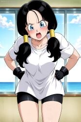 looking_at_viewer angry videl dragon_ball_z strayrevy ai_generated dressed 1girls thick_thighs curvy_figure open_mouth blue_eyes