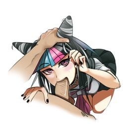 black_hair blush breasts clothed_female clothed_female_nude_male clothed_sex clothing danganronpa danganronpa_2:_goodbye_despair disembodied_penis drooling duo fellatio female hair_horns hair_tucking head_grab jewelry long_hair mioda_ibuki multicolored_hair nail_polish necklace oral penis polyle purple_eyes school_uniform shirt skirt straight_hair super_danganronpa_2 sweat tucking_hair_back two-tone_hair uniform