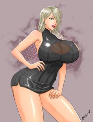 blue_eyes devil-v dress hourglass_figure huge_breasts silver_hair