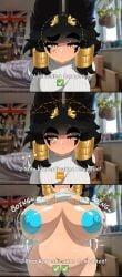 original original_character amelia_raevert mistpirit high_resolution very_high_resolution english_text text lewd_security_verification 1girls phone smartphone breasts breasts_out breasts_bigger_than_head big_breasts huge_breasts anubian_jackal jewelry chubby chubby_female sweat sweatdrop wolf_ears black_hair yellow_eyes freckles freckles_on_face female female_focus solo solo_female thick_thighs thighs thighhighs wide_hips bouncing_breasts nipples nude sweater sweater_lift smile united_kingdom uk_flag pubic_hair bush blue_nipples long_hair looking_at_phone steam ready_for_sex