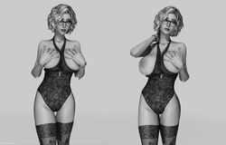 1girls 3d big_breasts blonde_hair breasts female female_only glasses nina_(shassai) shassai solo stockings