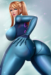 1girls abstract_background ass ass_focus big_ass big_breasts bimbo blonde_hair blue_eyes blue_suit bodysuit breasts cleavage curvy dat_ass deviantart female female_only flowerxl fully_clothed hand_on_butt huge_ass large_breasts looking_at_viewer looking_back metroid nintendo pinup ponytail rear_view red_lipstick samus_aran solo tight_clothing zero_suit zero_suit_samus