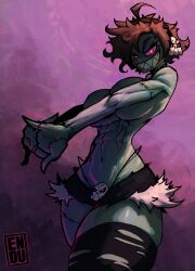 enduranceex tagme original original_character zombie zombie_girl black_hair short_hair looking_at_viewer topless smile sharp_teeth pink_eyes stitches choker breasts large_breasts slim_waist wide_hips thick_thighs navel abs fit fit_female voluptuous shorts stockings torn_clothing covered_nipples