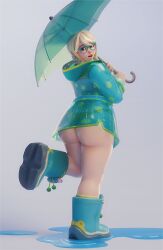 3d ass back_view big_ass blizzard_entertainment blonde_hair boots fugtrup glasses glistening glistening_body looking_at_viewer looking_back mei_(overwatch) overwatch panties pinup rainboots raincoat raincoat_only rainy_day_mei see-through see-through_clothing shiny_skin tagme thick_thighs umbrella