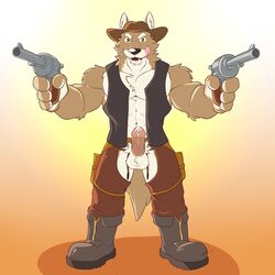 2017 abs anthro biceps boots canine chaps clothed clothing cowboy cowboy_hat coyote cum digital_media_(artwork) firearm footwear fur greydaboy gun handgun hat hi_res male male_only mammal muscular pecs penis ranged_weapon revolver simple_background weapon