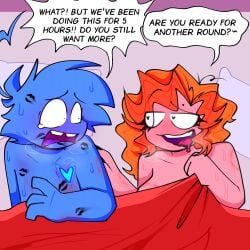 1boy1girl abused_male asking_another asking_for_sex bedroom_sex bedsheets bite_mark_on_breast bite_mark_on_neck bite_marks blue_skin blush blushing blushing_female blushing_male breath_cloud couple_sex crying crying_with_eyes_open heart-shaped_pupils horny_female kiss_mark kiss_marks naked oc ocs original_character original_characters pink_skin roze_stacey shocked shocked_male sweat text_bubble vlue_lake vlues_key