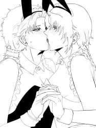 yuri female_only female 2girls kamui_(gintama) gintama abuto line_art monochrome upper_body holding_hands kiss kissing bunny_ears bunnysuit playboy_bunny braided_hair braid alternate_costume cleavage breasts blush gloves sweat single_braid looking_at_another eye_contact sideboob wanaka_1220 rule_63 genderswap_(mtf)