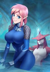 blue_eyes breath_of_the_wild brellom busty curvy female_link link link_(breath_of_the_wild) pink_hair prince_sidon sidon sidon_(zelda) skin_tight smiling the_legend_of_zelda yellow_eyes zora