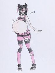 belly_overhang black_hair blushing blushing_female cyberiorr drawing female fetal_movement fishnet_legwear goth goth_girl gym_leader marnie_(pokemon) pokemon pokemon_ss pregnant pregnant_belly pregnant_female pregnant_goth solo solo_female solo_focus