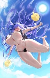 1girl :d animal_ears azur_lane backpack bag bangs bare_legs barefoot bikini black_bikini blue_eyes blue_hair blue_sky blush bouncing_breasts breasts cloud covered_nipples day eyebrows_visible_through_hair floating_hair from_below full_body hair_between_eyes half-closed_eyes heart highleg_bikini huge_breasts jumping long_hair looking_at_viewer looking_down manjuu_(azur_lane) micro_bikini midair mogador_(azur_lane) mogador_(diving_for_desire)_(azur_lane) mole navel open_mouth original outdoors outstretched_arms purple_eyes purple_hair side-tie_bikini skindentation sky smile solo stomach string_bikini sun swimsuit thick_thighs thighs thong_bikini underboob very_long_hair
