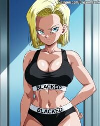 1girls ai_assisted ai_generated android_18 blacked blacked_clothing blonde_hair blue_eyes breasts cleavage dragon_ball dragon_ball_z dreamplank earrings edit grok hands_on_hips large_breasts looking_at_viewer panties posing short_hair solo solo_female sports_bra toned toned_body toned_female