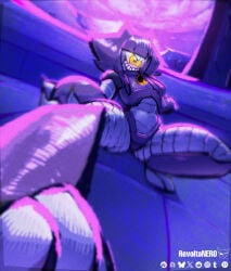 revoltanero; gameoverse; malicia; female; solo; monster girl; cyclops; one eye; sharp teeth; claws; armored; armor; tail; creature; monster; purple lighting; pink glowing; neon rim bloom; vibrant colors; saturated cinematic energy; dark atmosphere; dramatic low angle; foreshortening; dynamic perspective; reaching toward viewer; wide stylized; digital art; painting; anime style; painterly; soft shading; textured high contrast; palette; illustration; fantasy; sci fi videogame; original character; oc; gameoverse fanart; revoltanero art