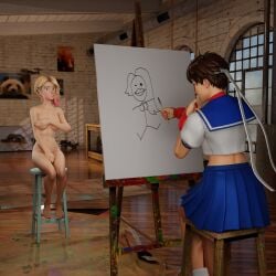 2girls art_studio asian asian_female blonde_hair brown_hair choovy3 classic_enf_pose clothed_female_nude_female completely_nude_female covering_breasts covering_pussy crossover eastern_and_western_character embarrassed_nude_female female female_only fortnite gwen_stacy gwen_stacy_(spider-verse) light-skinned_female light_skin marvel naked_female nude nude_female nude_model nude_modeling only_one_naked posing_nude sakura_kasugano spider-gwen spider-man_(series) stool street_fighter
