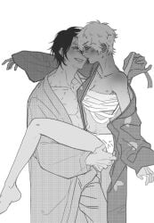 tomboy female male monochrome 1girls 1boy gintama kimono gintoki_sakata takasugi_shinsuke very_short_hair rule_63 genderswap_(mtf) short_hair sarashi hickey hickey_marks blush cleavage smile japanese_clothes open_kimono open_clothes imminent_sex wearing_others_clothes blackwhite__e looking_at_another eye_contact