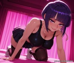 1girl 2026 ai_generated all_fours anime bangs bare_shoulders black_choker black_skirt black_thighhighs blunt_bangs blush boku_no_hero_academia boobs breasts choker cleavage collarbone covered_nipples crossover eye_contact female female_focus flushed grin highres huge_breasts indoors inside jirou_kyouka kyoka_jiro large_breasts looking_at_viewer midriff miniskirt my_hero_academia navel nsfw parted_lips patreon pleated_skirt purple_eyes purple_hair purple_nails rognezart shoes short_hair skirt smile smiling sneakers solo tank_top thighhighs white_footwear