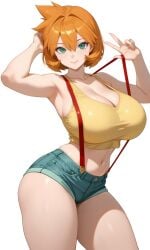 misty_(pokemon_hgss) pokemon ai_generated kasumi_(pokemon) misty_(pokemon) asymmetrical_hair bangs bare_arms bare_shoulders blue_shorts clothing crop_top denim denim_shorts hair_between_eyes ponytail shirt shorts short_shorts side_ponytail suspenders suspender_shorts tank_top taut_clothes tied_hair yellow_shirt yellow_tank_top armpits blush breasts busty cleavage female green_eyes huge_breasts large_breasts midriff navel orange_hair short_hair stomach thick_thighs thighs closed_mouth smile standing v looking_at_viewer strap_pull