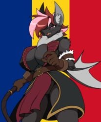 2017 5_fingers anthro bat bedroom_eyes big_breasts black_fur breasts cleavage clothed clothing droll3 fangs female fur gloves hair half-closed_eyes looking_at_viewer mammal multicolored_hair open_mouth partially_clothed pink_hair pussy red_eyes red_hair romania romanian_flag seductive simple_background sketch solo teodora_(droll3) two_tone_hair vampire whip wings world_war world_war_1 world_war_2