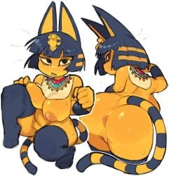 animal_crossing ankha annoyed_expression anthro ass back_view bangs big_breasts black_hair blue_stripe blush bob_hair cat_girl edit egyptian feline front_view hat headdress looking_at_viewer multiple_views nintendo nipples no_background nude pharaoh pussy ruka481 stripes sweat sweatdrops tail transparent_background yellow_fur