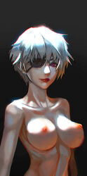 akame_ga_kill! background breasts collarbone eye_patch female female_only large_breasts lips lipstick looking_at_viewer makeup najenda_(akame_ga_kill!) nude purple_eyes short_hair silver_hair solo tianlluo upper_body