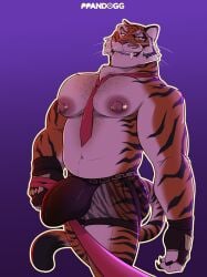 accessory anthro barbell_piercing belly big_bulge big_muscles big_nipples big_pecs body_hair bulge chest_hair clothing countershading detailed_bulge epic_games facial_markings facial_scar fangs felid first_person_view fortnite gloves handwear head_markings hi_res holding_leash holding_object leash leash_pull leashed_pov long_tail looking_at_viewer male mammal markings musclegut muscular neck_tuft necktie nipple_piercing nipples oscar_(fortnite) pantherine pecs piercing ppandogg red_eyes scar simple_background smile solo standing stripes tail teeth tiger translucent translucent_clothing translucent_underwear tuft underwear whiskers