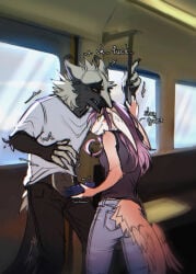 anthro blush claws clothing darkarlett dialogue duo erection female fur genitals hair hi_res holding_penis lagomorph male male/female mammal penis sergal smile standing