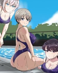 3girls alisa_mikhailovna_kujou tokidoki_bosotto_russian_de_dereru_tonari_no_alya-san uzaki-chan_wa_asobitai! uzaki_hana komi-san_wa_komyushou_desu komi_shouko cristicko3845 crossover wet wet_body wet_skin grey_hair hair short_hair smile blue_eyes looking_back wet_clothes wet_clothing one-piece_swimsuit swimsuit swimwear blue_swimsuit big_breasts breasts poolside water purple_hair purple_eyes white_hair bent_forward big_ass ass female female_only