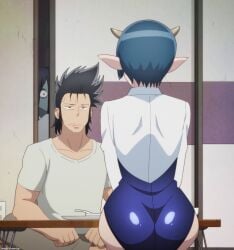 1boy 2girls ass ass_focus big_ass big_breasts blue_hair blunt_bangs blush breasts bubble_ass bubble_butt clothing collared_shirt crop_top dat_ass demon demon_girl demon_horns faceless_female facing_away female ghost ghost_girl hi_res horns huge_ass imminent_facesitting light-skinned_female light_skin living_room long_sleeves lv1_maou_to_one_room_yuusha male max_(lv1_maou_to_one_room_yuusha) one-piece_swimsuit petite pinup pointy_ears presenting presenting_ass presenting_hindquarters rear_view revealing_clothes screencap seiza shirt short_hair skimpy skimpy_clothes solo standing swimsuit thick_ass thick_thighs thighs uncensored viewed_from_below voluptuous wedgie white_background white_skin zenia_(lv1_maou_to_one_room_yuusha)