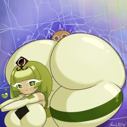 1girls 1other alternate_version_available artist_name artist_signature ass ass_bigger_than_head banillansfw bodysuit breasts clothed cookie_run cookie_run_kingdom crushed_by_ass green_tea_mousse_cookie hair_ornament hearts_around_head hyper_ass large_breasts looking_at_another looking_back motion_lines