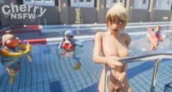 cherrynsfw fishstick_(fortnite) tide_strider_(fortnite) fortnite embarrassed_nude_female female female_focus public_nudity pool lost_clothes only_one_naked tagme 3d