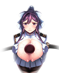 1girls bound breasts dildo female female_admiral_(kantai_collection) hiememiko highres huge_breasts kantai_collection katana nipples object_between_breasts outercourse paizuri plain_background rope solo solo_focus sweat sword tagme tied_up weapon