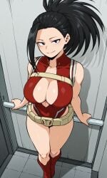 1girls ahemaru ai_generated big_boobs big_breasts black_eyes black_hair curvy curvy_female curvy_figure hero_outfit_(mha) heroine huge_breasts large_breasts light-skinned_female light_skin looking_at_viewer mature_female momo_yaoyorozu my_hero_academia schoolgirl shao145 shiny_skin solo solo_female