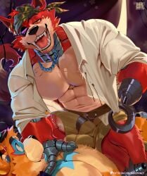 absurd_res animatronic anthro bakemonoy balls bear big_bulge bulge canid canine clothing duo ear_piercing ear_ring eye_contact eye_patch eyewear fangs five_nights_at_freddy's five_nights_at_freddy's:_security_breach fox foxy_(fnaf) fur genitals glamrock_freddy glans gold_(metal) gold_tooth hat headgear headwear hi_res hook hook_hand humanoid_genitalia humanoid_penis interspecies looking_at_another machine male male/male mammal muscular muscular_male penis penis_only piercing pirate_outfit red_body red_fur ring_piercing robot scottgames steel_wool_studios tail teeth top_hat
