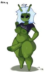 alien antennae big_eyes big_penis futanari green_penis green_skin lifting_shirt medium_breasts shortstack white_hair