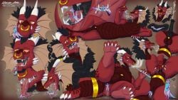 absurd_res accessory anal anal_vore anthro black_mane bodily_fluids breath brown_body brown_scales claws dragon dripping duo ejaculation european_mythology facial_piercing feral fin genital_fluids genitals hi_res horn hunamarts kobold lying male male/male mane mawplay multiple_poses mythological_creature mythological_scalie mythology nose_piercing nose_ring on_side orange_eyes penis piercing pink_body pose rear_view red_body ring_piercing saliva saliva_drip sarduin scales scalie size_difference sketch_page steamy_breath vore western_dragon wings