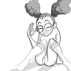 1girls afro_puffs anus black_and_white black_female black_hair cleft_of_venus dark_skin discreet_(artist) disney disney_channel flat_chest full_body glasses kneehighs kneesocks lunella_lafayette marvel marvel_comics moon_girl moon_girl_and_devil_dinosaur naked_socks nude_female round_glasses self_upload simple_background sitting sketch socks socks_only solo twintails uncensored white_background