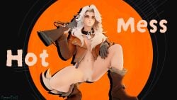 3d 3d_(artwork) ass breasts deadlock grey_hair gun hairy_pussy pose posing pubic_hair pussy semi_nude silver_(deadlock) snowdoll text