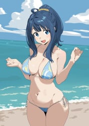 1girls ahoge bikini blue_bikini blue_eyes blue_hair blue_sky blush breasts cleavage cloud cloudy_sky commentary_request hair_ornament hair_scrunchie hands_up highres horizon large_breasts looking_at_viewer make_heroine_ga_oo_sugiru! medium_hair navel ocean open_mouth outdoors ponytail scrunchie side-tie_bikini_bottom sky smile solo stomach swimsuit water yanami_anna yellow_scrunchie busty big_breasts voluptuous female_only female sexy sensual pose posing